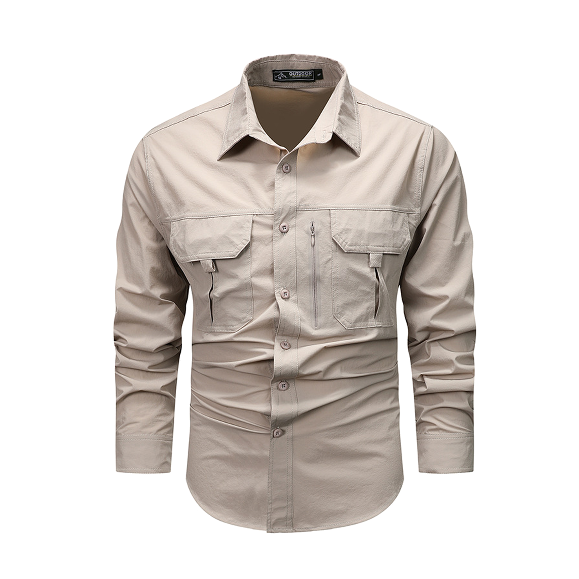 FREDD MARSHALL Men's Long Sleeve Utility Work Shirt with Zip Pocket - Beige - 01 main white