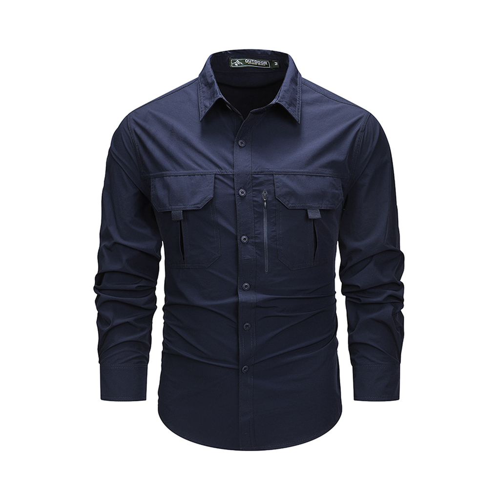 FREDD MARSHALL Men's Long Sleeve Utility Work Shirt with Zip Pocket - Dark Blue - 01 main white