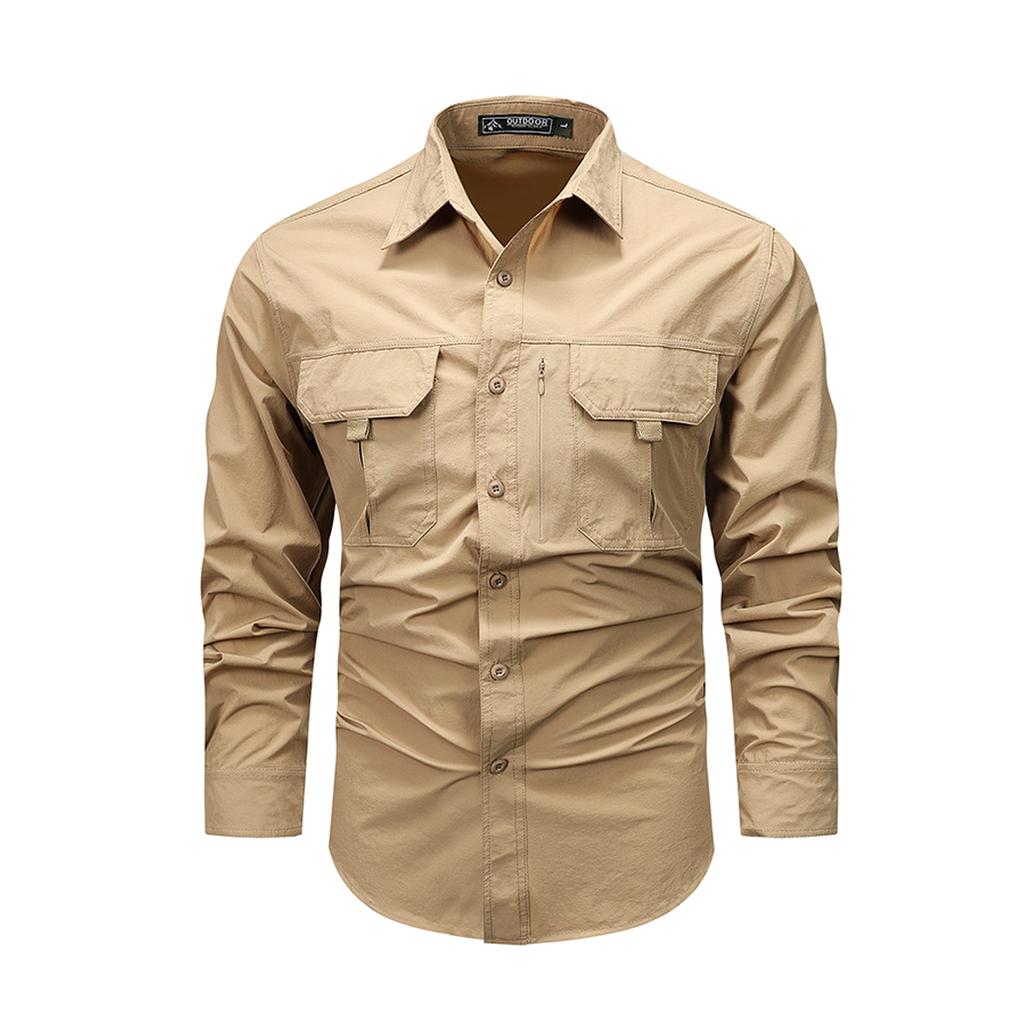 FREDD MARSHALL Men's Long Sleeve Utility Work Shirt with Zip Pocket - Khaki - 01 main white