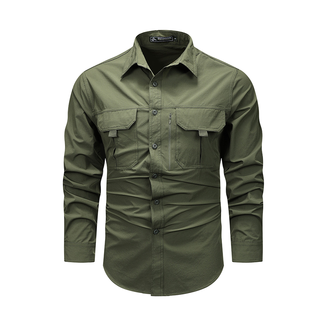 FREDD MARSHALL Men's Long Sleeve Utility Work Shirt with Zip Pocket - Army Green - 01 main white