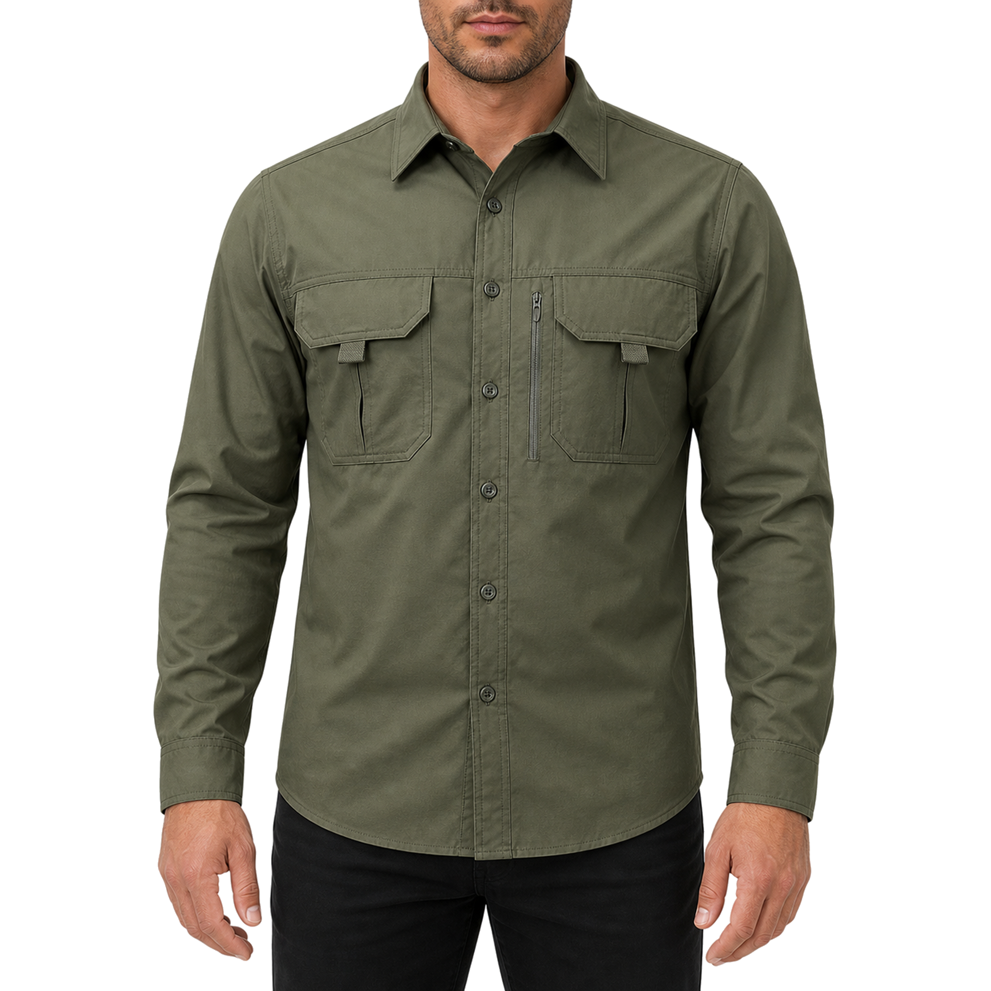 FREDD MARSHALL Men's Long Sleeve Utility Work Shirt with Zip Pocket - Army Green - 01 model front white