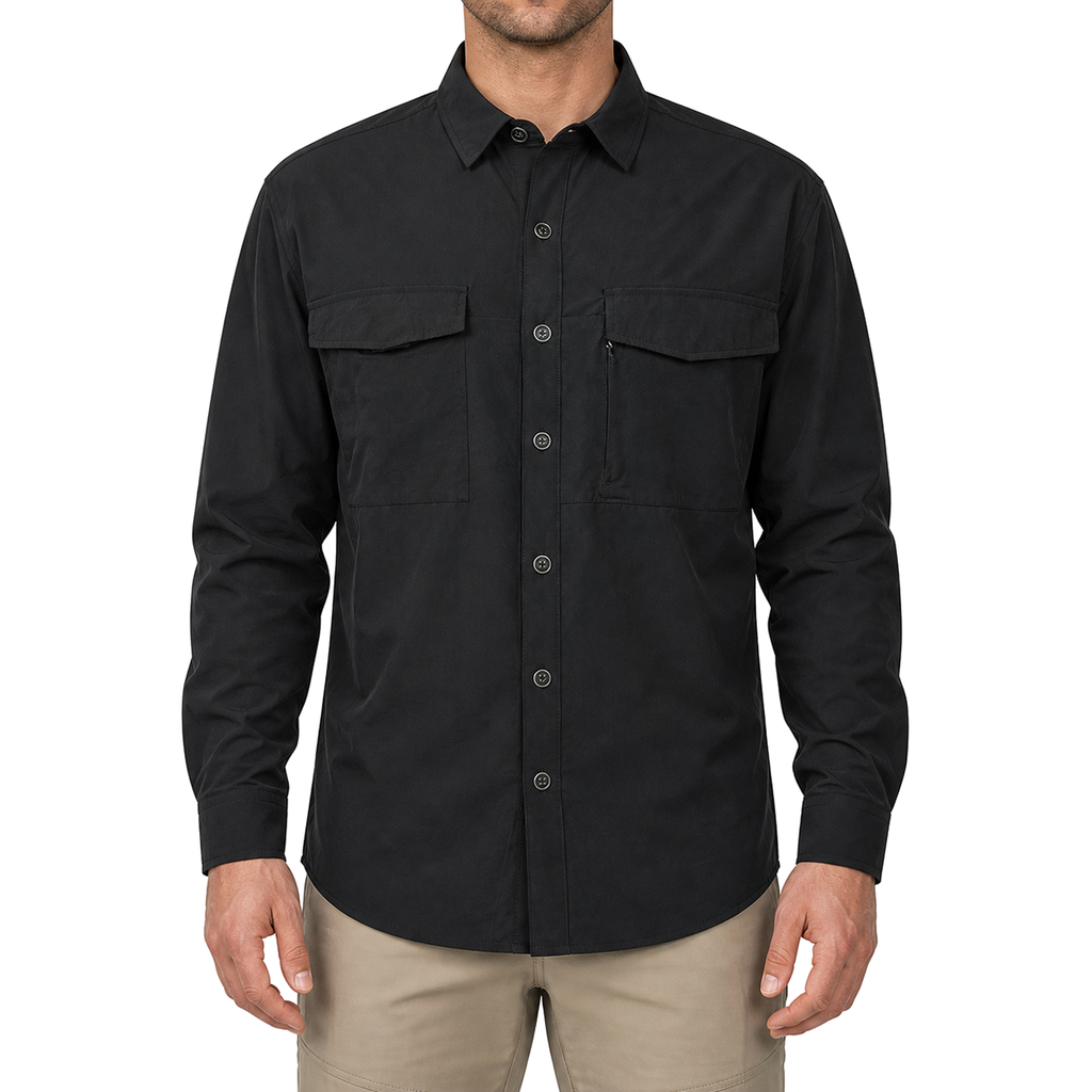 FREDD MARSHALL Men's Quick Dry Stretch Outdoor Work Shirt - Black - 01 model front white