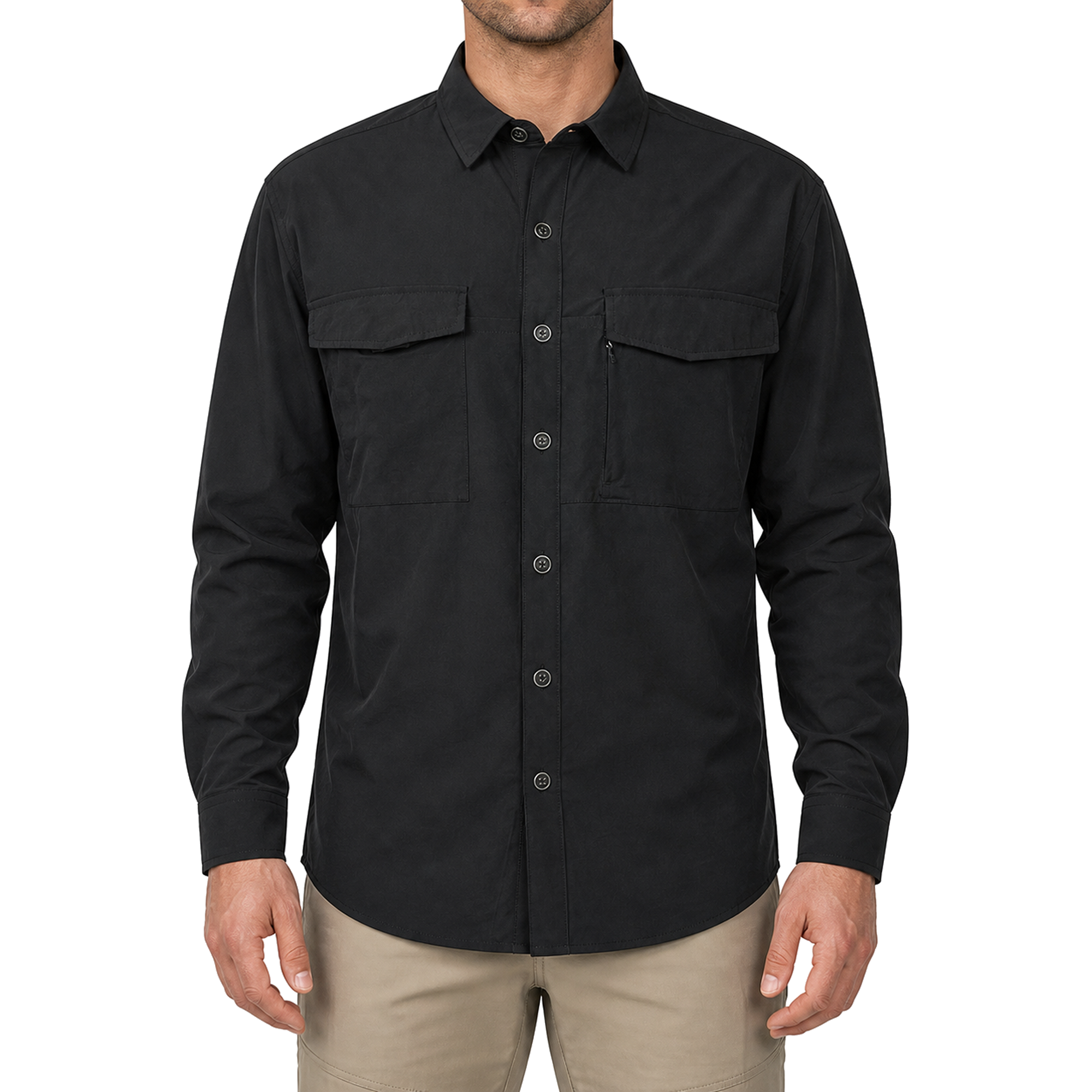 FREDD MARSHALL Men's Quick Dry Stretch Outdoor Work Shirt - Black - 01 model front white