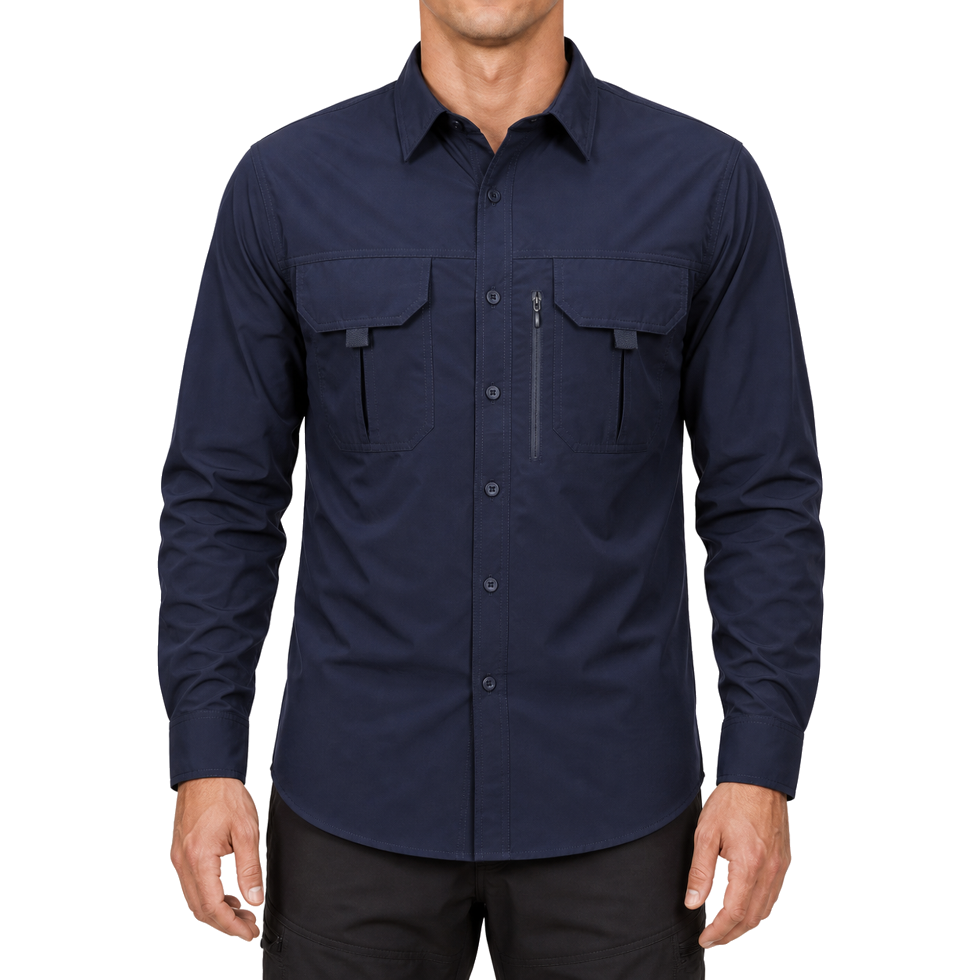 FREDD MARSHALL Men's Long Sleeve Utility Work Shirt with Zip Pocket - Dark Blue - 01 model front white