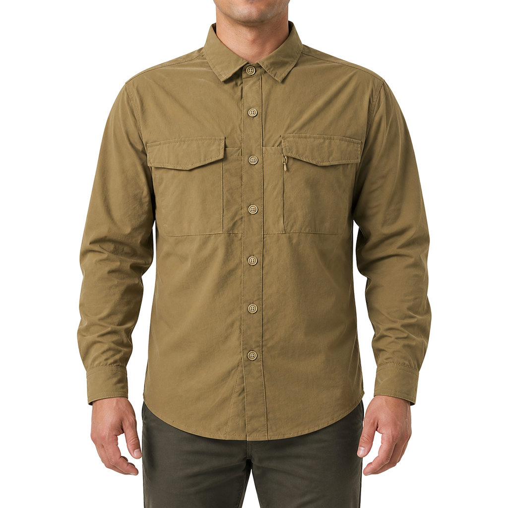FREDD MARSHALL Men's Quick Dry Stretch Outdoor Work Shirt - Khaki - 01 model front white