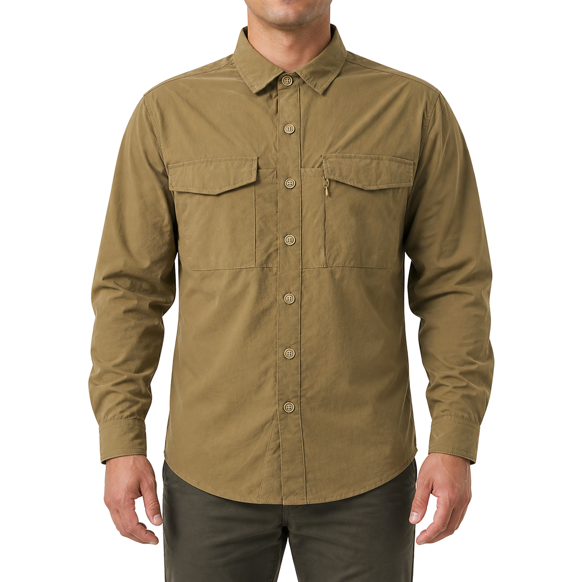 FREDD MARSHALL Men's Quick Dry Stretch Outdoor Work Shirt - Khaki - 01 model front white