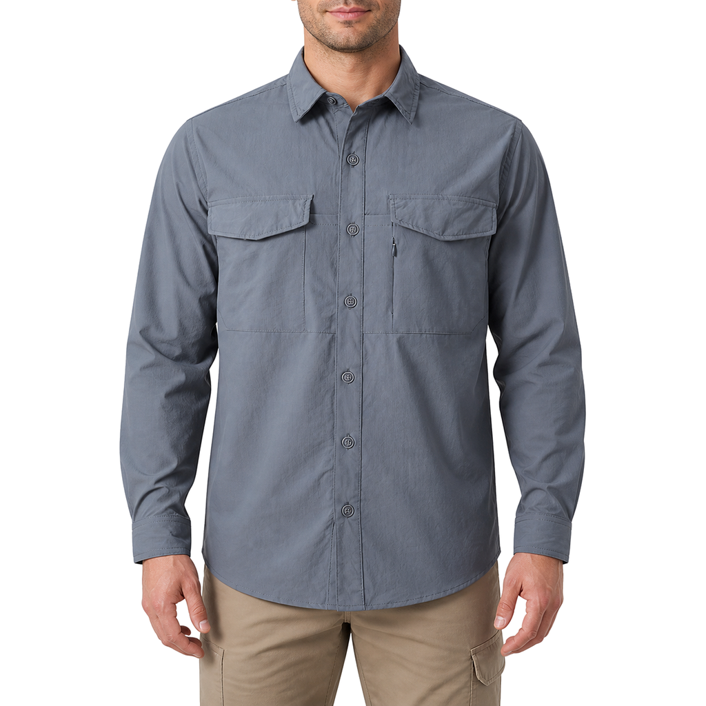 FREDD MARSHALL Men's Quick Dry Stretch Outdoor Work Shirt - Slate Gray - 01 model front white
