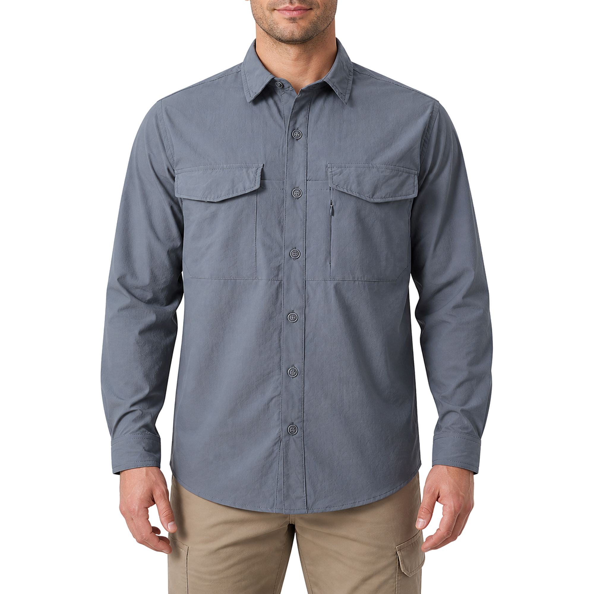 FREDD MARSHALL Men's Quick Dry Stretch Outdoor Work Shirt - Slate Gray - 01 model front white