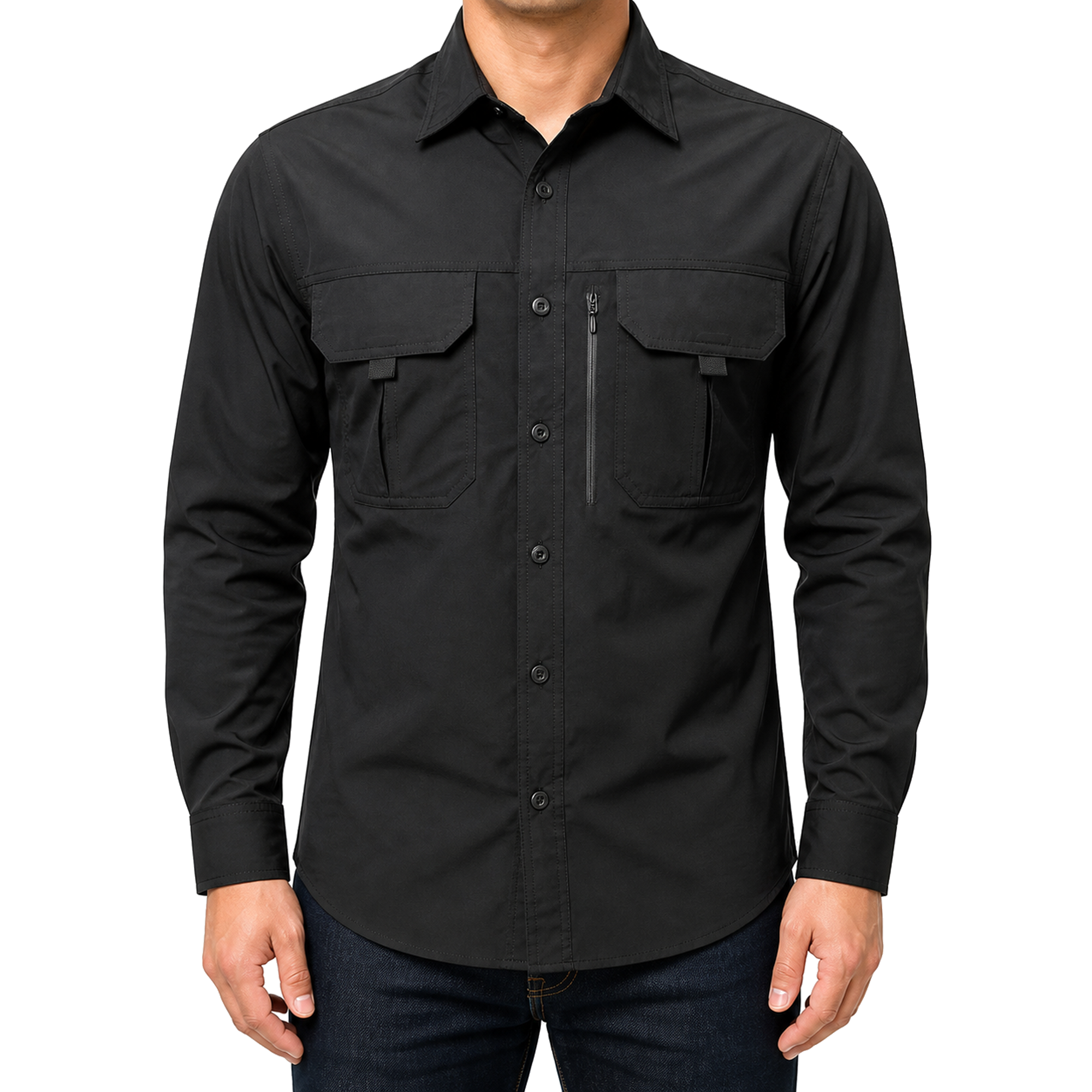 FREDD MARSHALL Men's Long Sleeve Utility Work Shirt with Zip Pocket - Black - 01 model front white