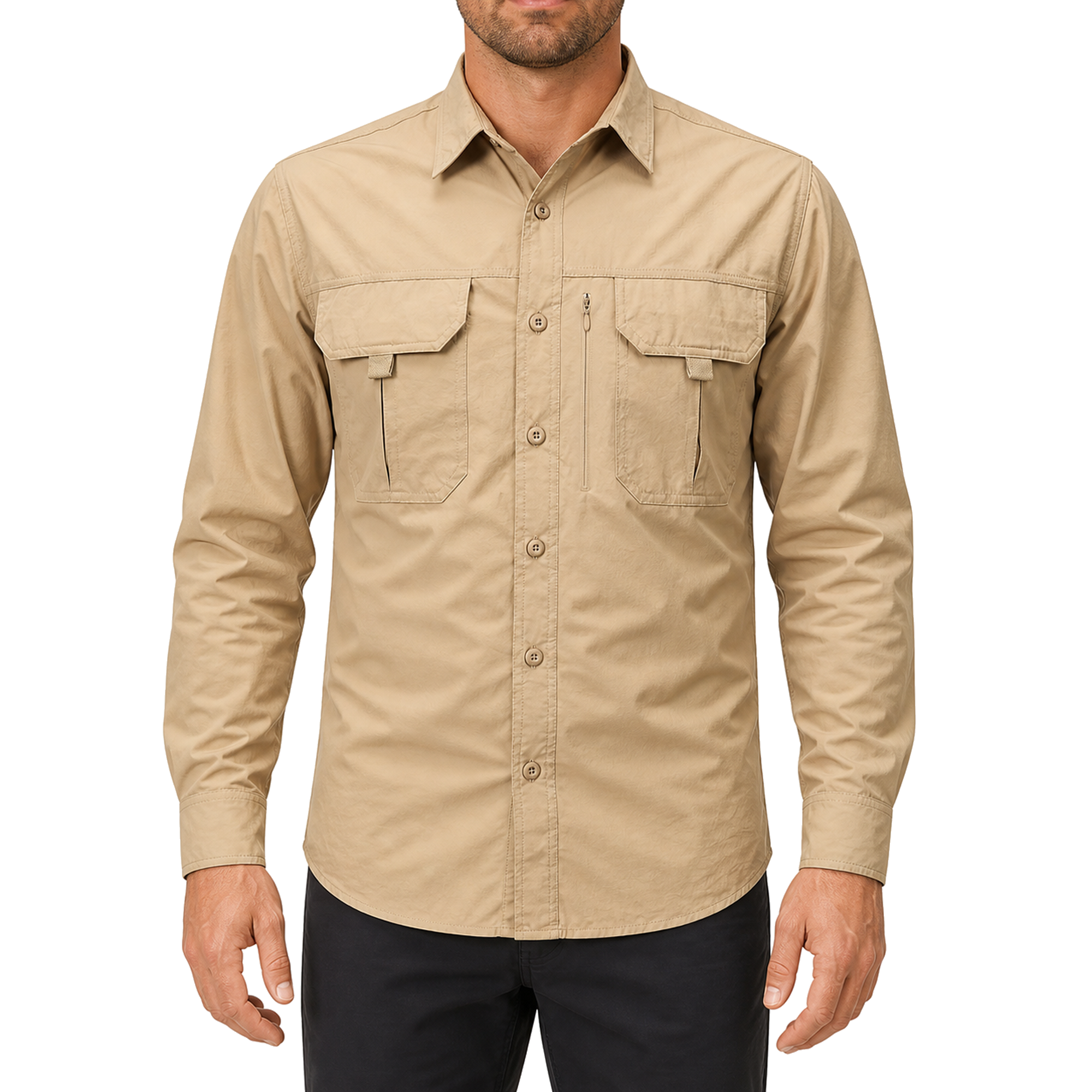 FREDD MARSHALL Men's Long Sleeve Utility Work Shirt with Zip Pocket - Khaki - 01 model front white