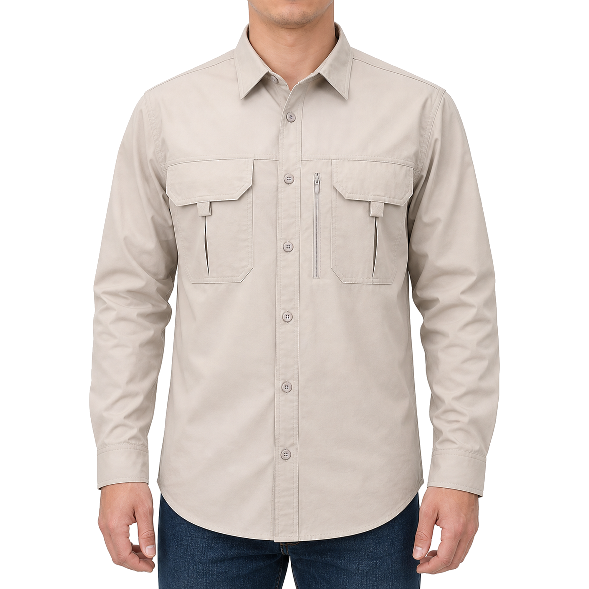 FREDD MARSHALL Men's Long Sleeve Utility Work Shirt with Zip Pocket - Beige - 01 model front white
