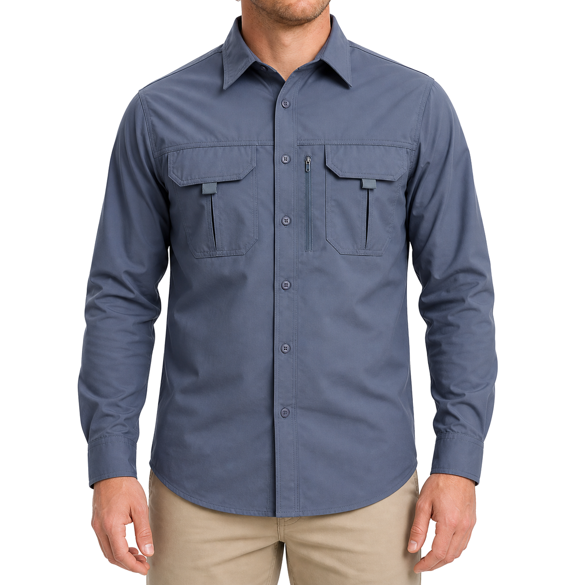 FREDD MARSHALL Men's Long Sleeve Utility Work Shirt with Zip Pocket - Blue Gray - 01 model front white