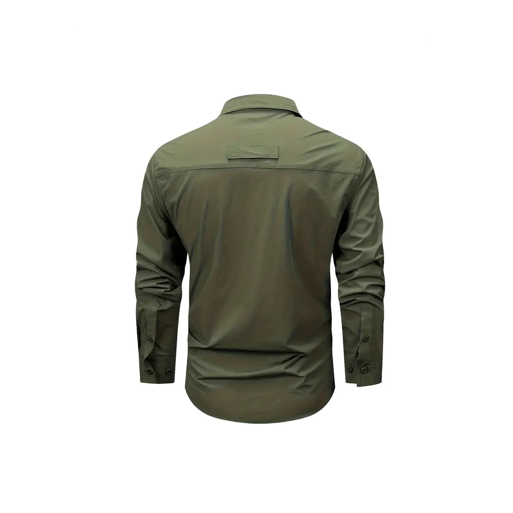 FREDD MARSHALL Men's Long Sleeve Utility Work Shirt with Zip Pocket - Army Green - 02 back white