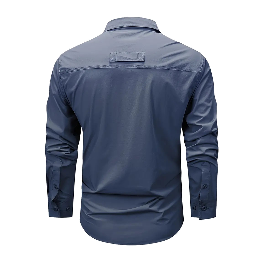 FREDD MARSHALL Men's Long Sleeve Utility Work Shirt with Zip Pocket - Blue Gray - 02 back white