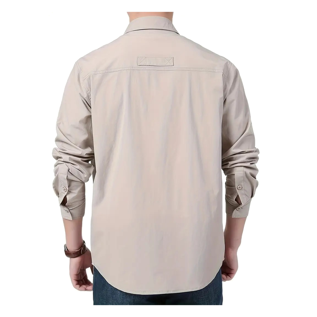FREDD MARSHALL Men's Long Sleeve Utility Work Shirt with Zip Pocket - Beige - 02 back white