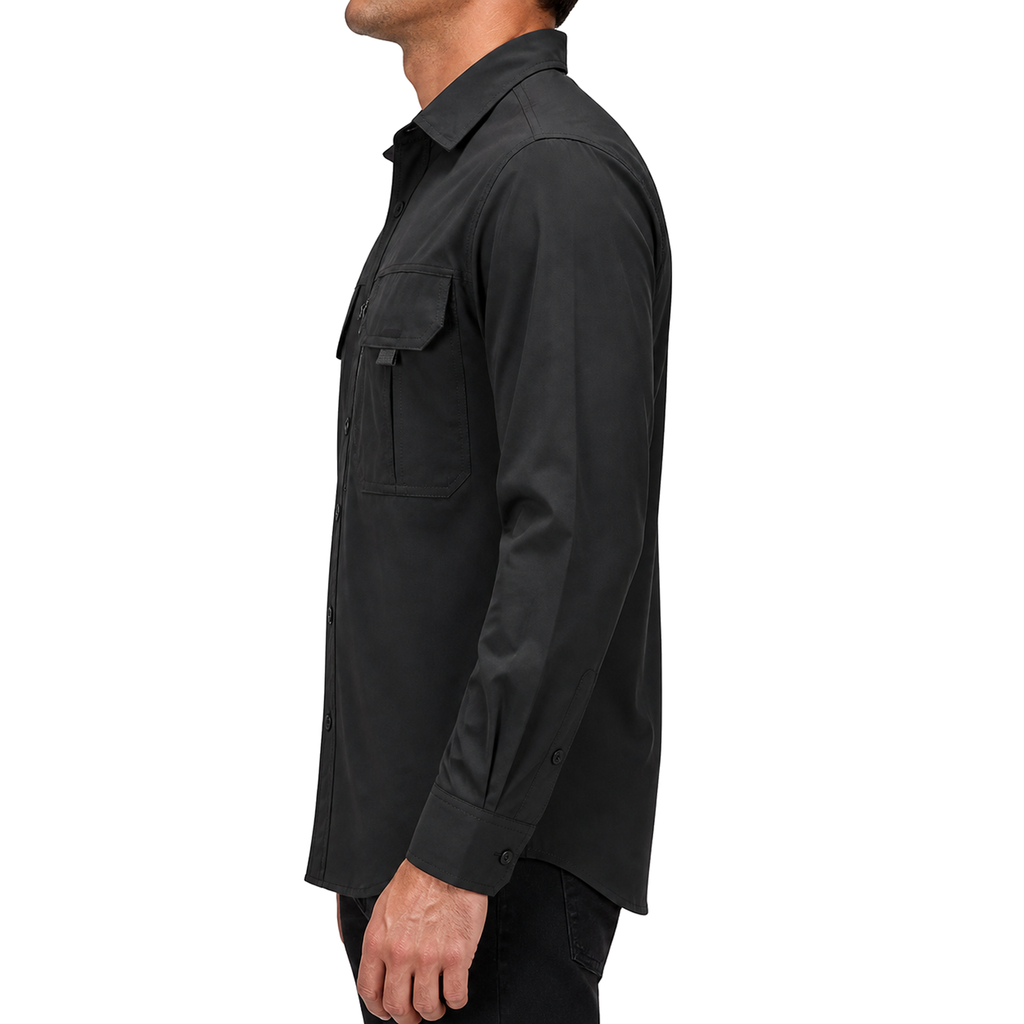 FREDD MARSHALL Men's Long Sleeve Utility Work Shirt with Zip Pocket - Black - 02 model side white