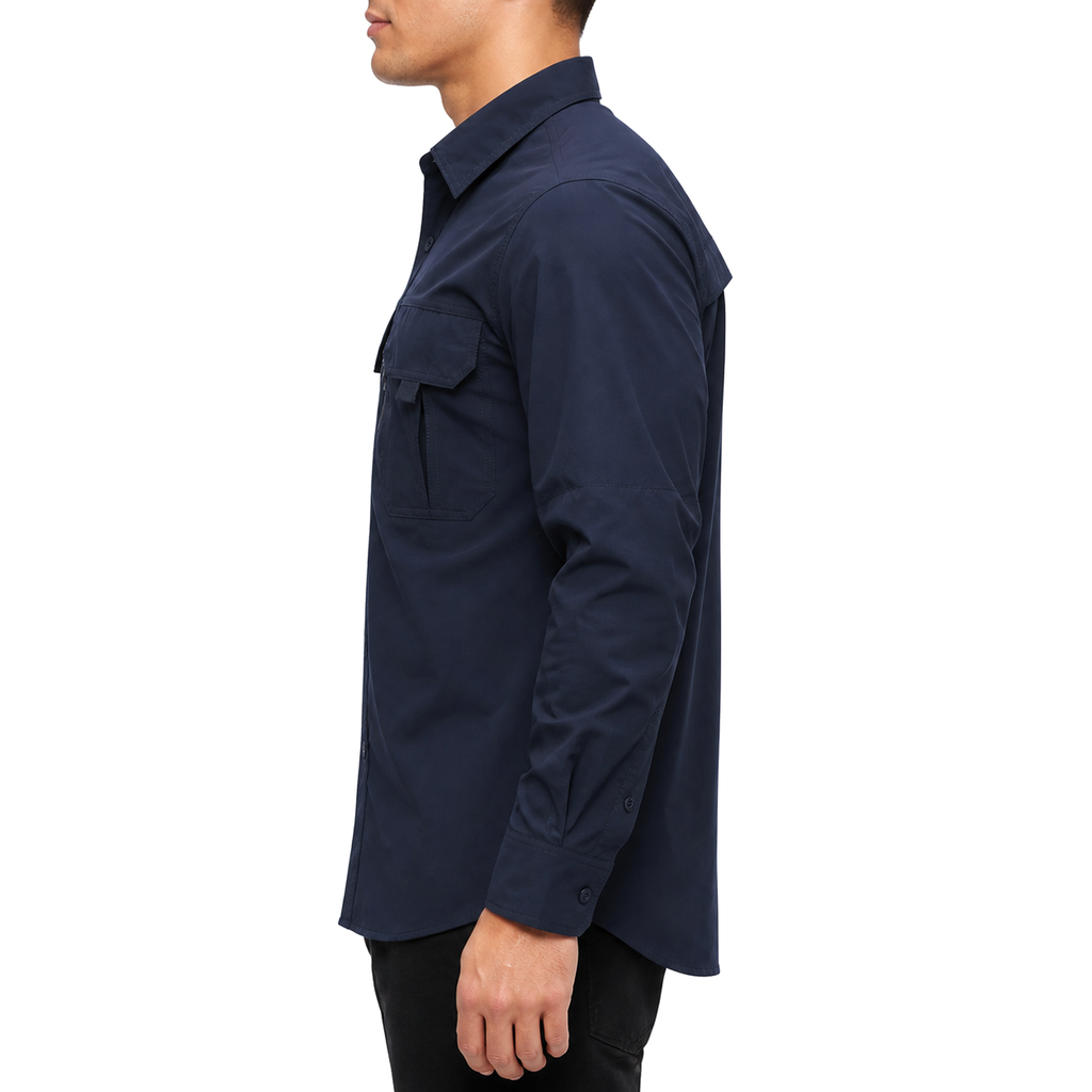FREDD MARSHALL Men's Long Sleeve Utility Work Shirt with Zip Pocket - Dark Blue - 02 model side white