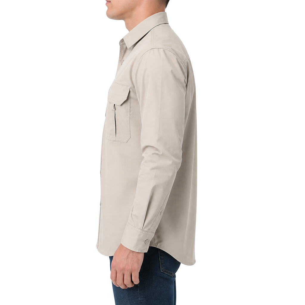 FREDD MARSHALL Men's Long Sleeve Utility Work Shirt with Zip Pocket - Beige - 02 model side white