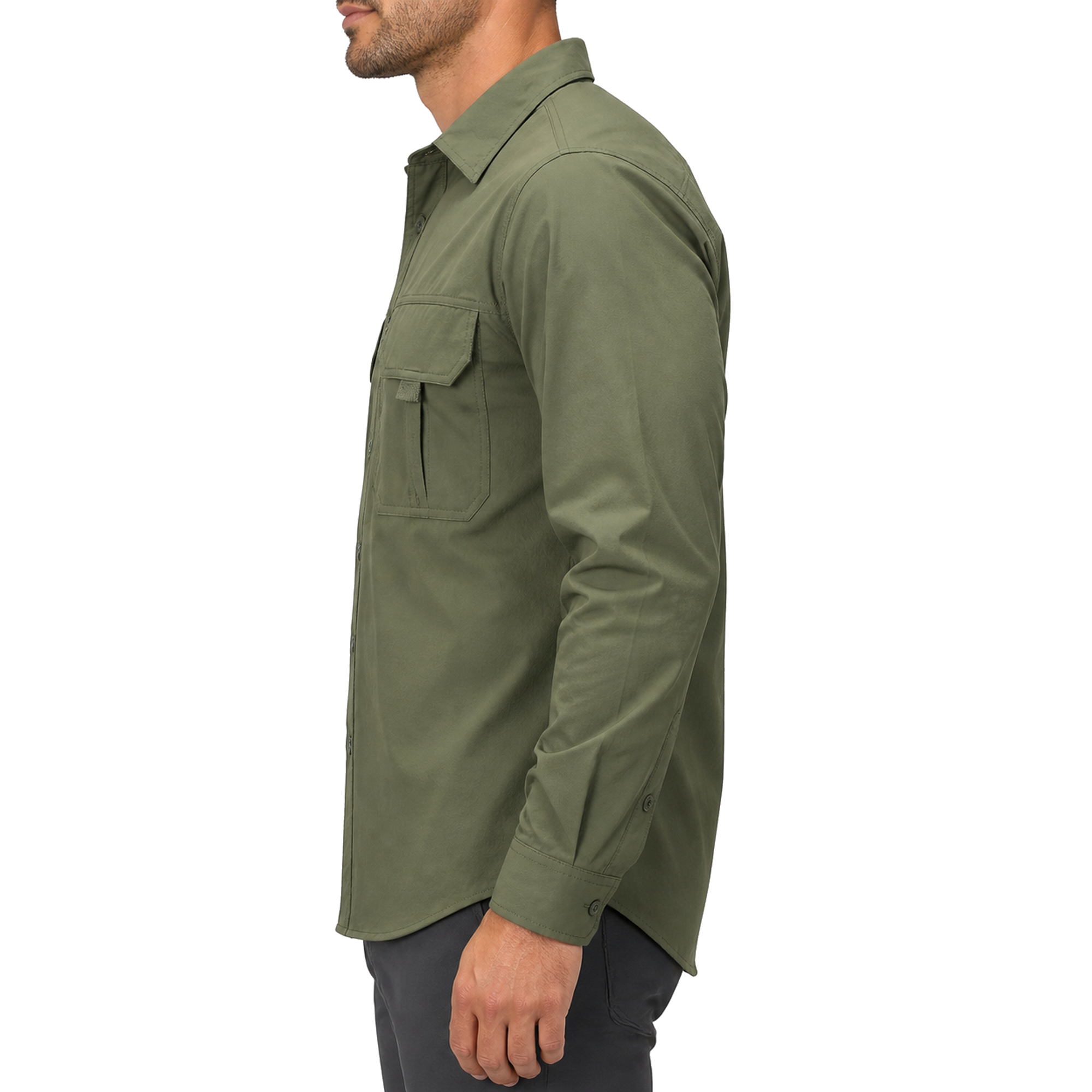 FREDD MARSHALL Men's Long Sleeve Utility Work Shirt with Zip Pocket - Army Green - 02 model side white