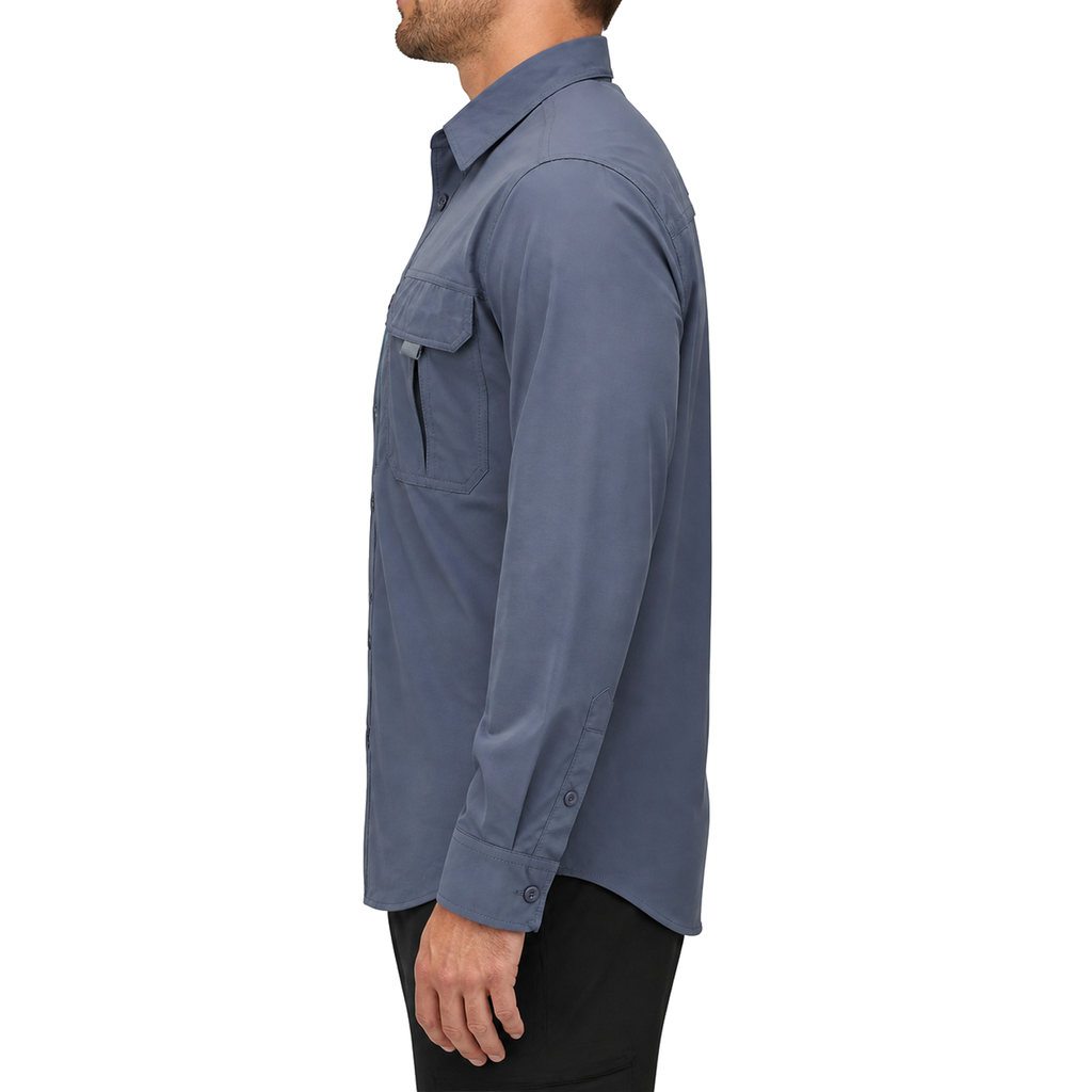 FREDD MARSHALL Men's Long Sleeve Utility Work Shirt with Zip Pocket - Blue Gray - 02 model side white