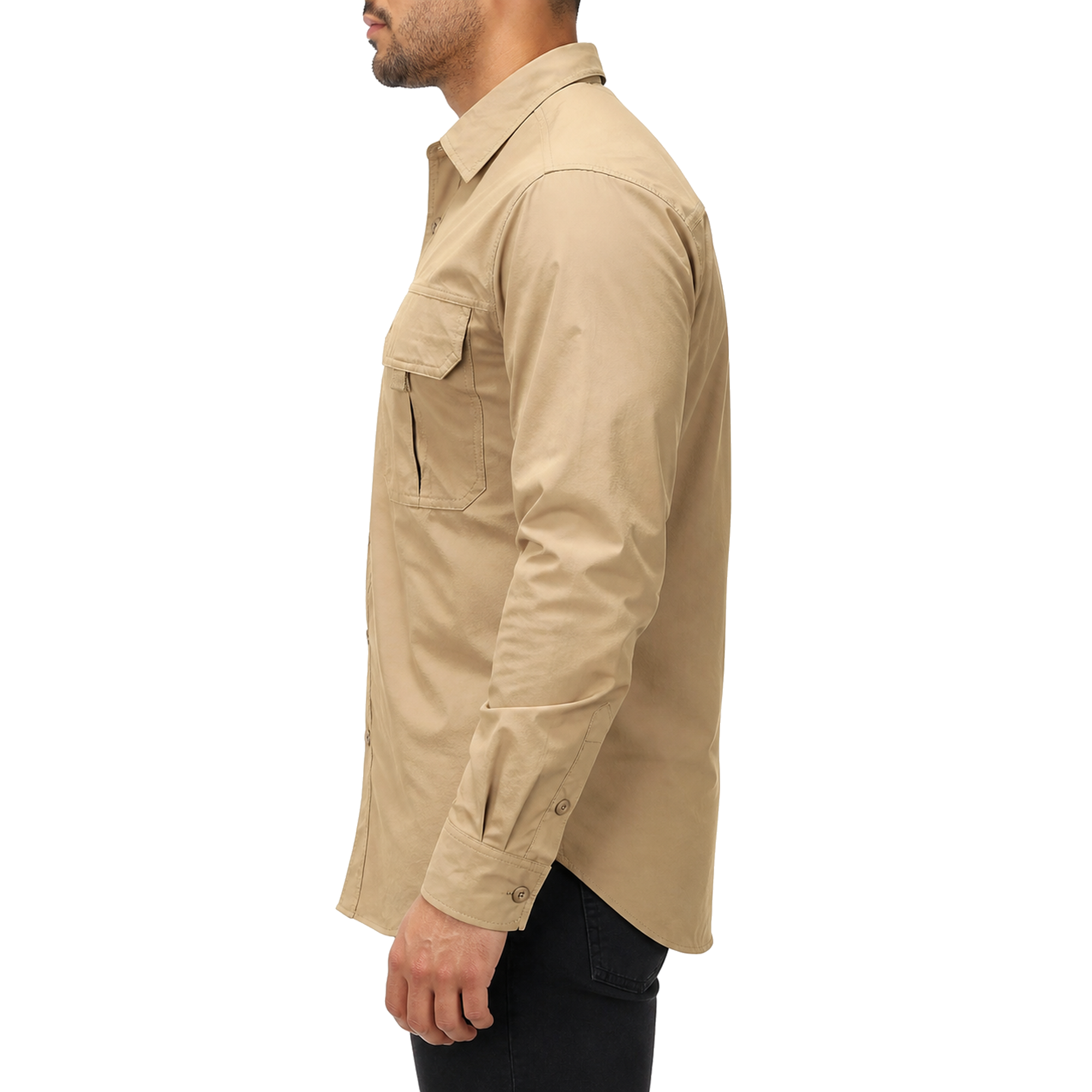 FREDD MARSHALL Men's Long Sleeve Utility Work Shirt with Zip Pocket - Khaki - 02 model side white