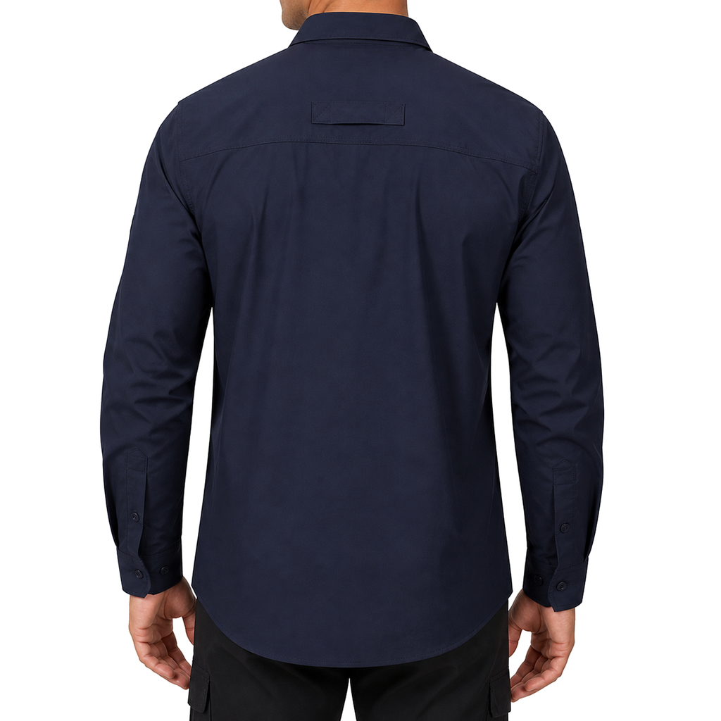 FREDD MARSHALL Men's Long Sleeve Utility Work Shirt with Zip Pocket - Dark Blue - 03 model back white