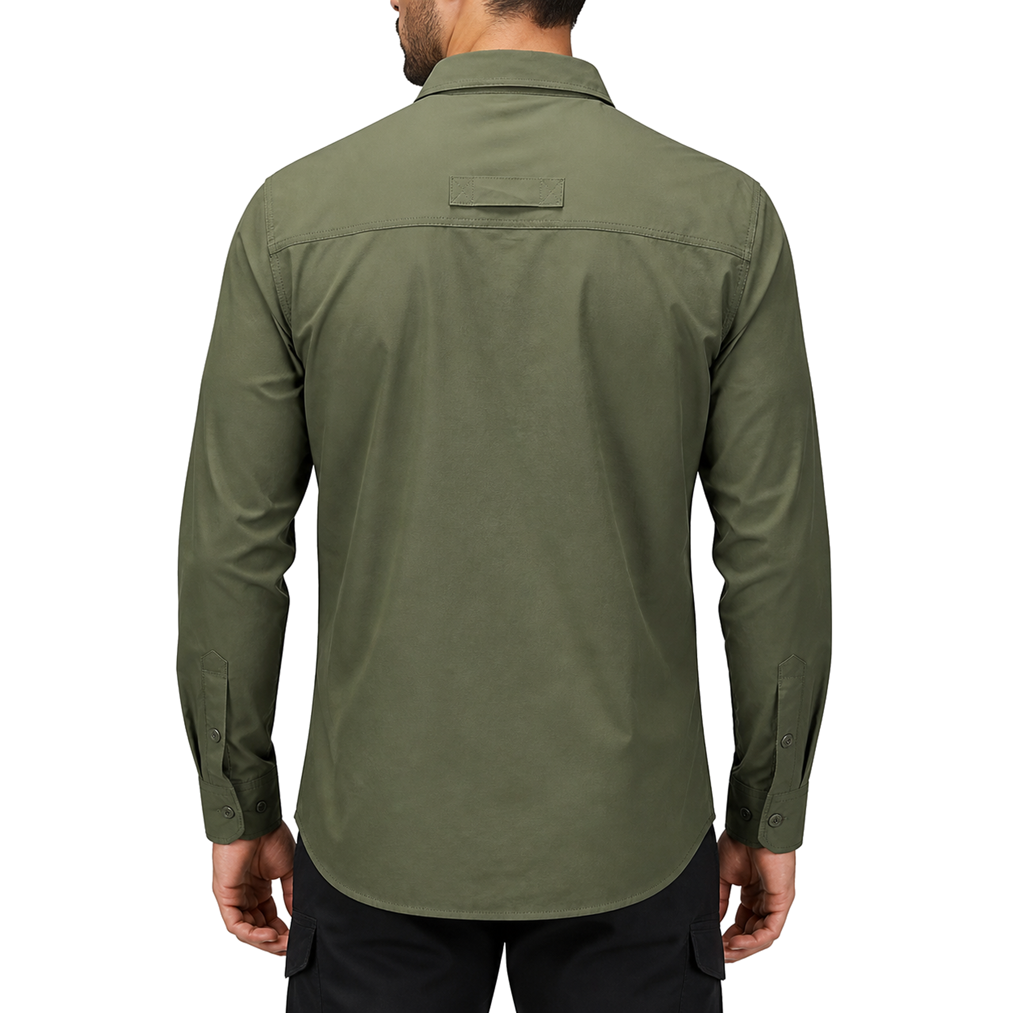 FREDD MARSHALL Men's Long Sleeve Utility Work Shirt with Zip Pocket - Army Green - 03 model back white
