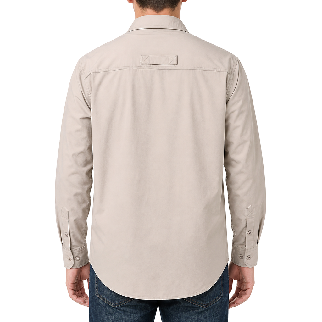 FREDD MARSHALL Men's Long Sleeve Utility Work Shirt with Zip Pocket - Beige - 03 model back white