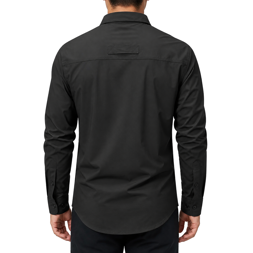 FREDD MARSHALL Men's Long Sleeve Utility Work Shirt with Zip Pocket - Black - 03 model back white
