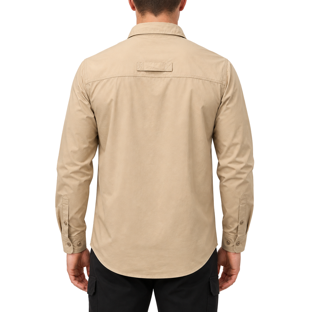 FREDD MARSHALL Men's Long Sleeve Utility Work Shirt with Zip Pocket - Khaki - 03 model back white
