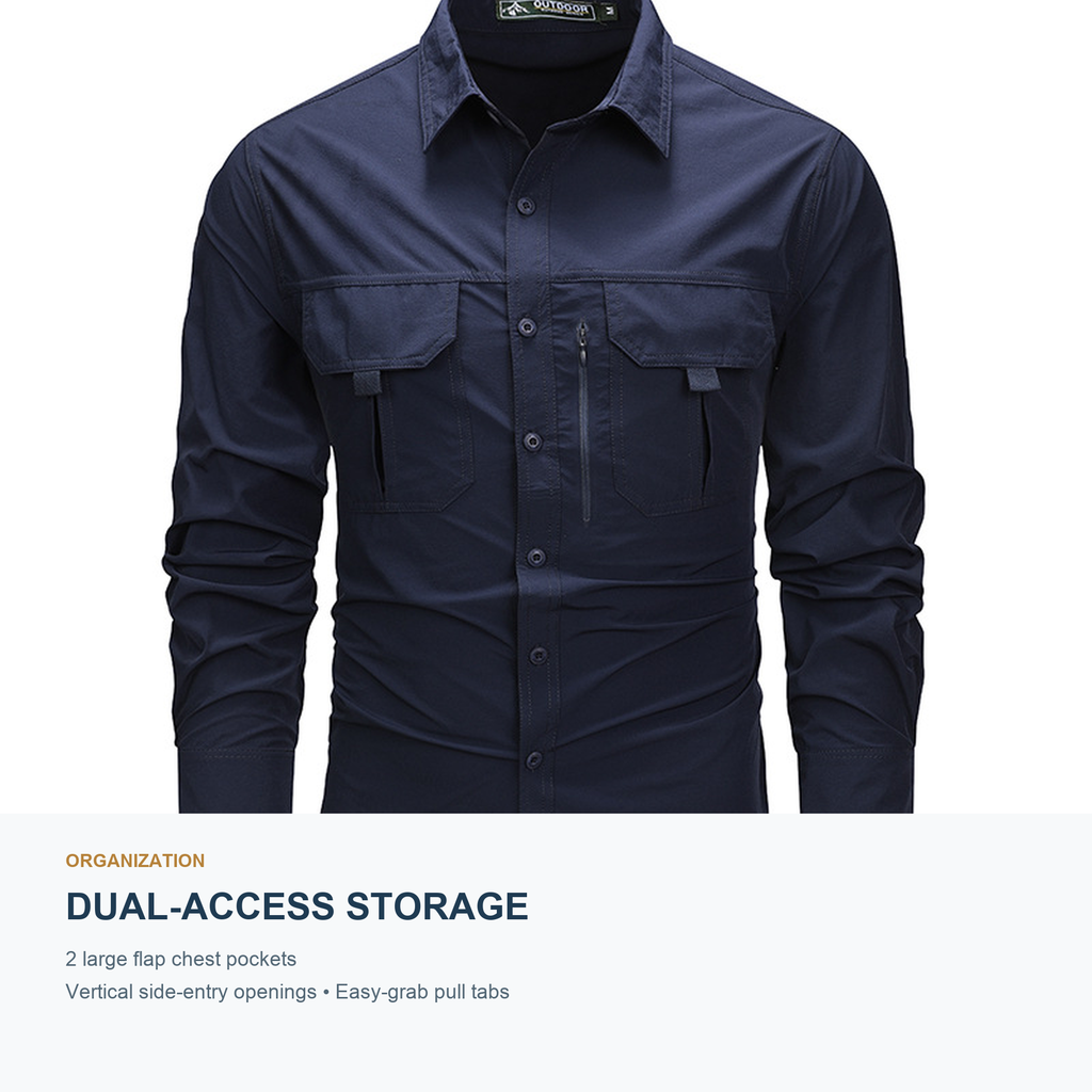 FREDD MARSHALL Men's Long Sleeve Utility Work Shirt with Zip Pocket - Dark Blue - 05 dual access pockets