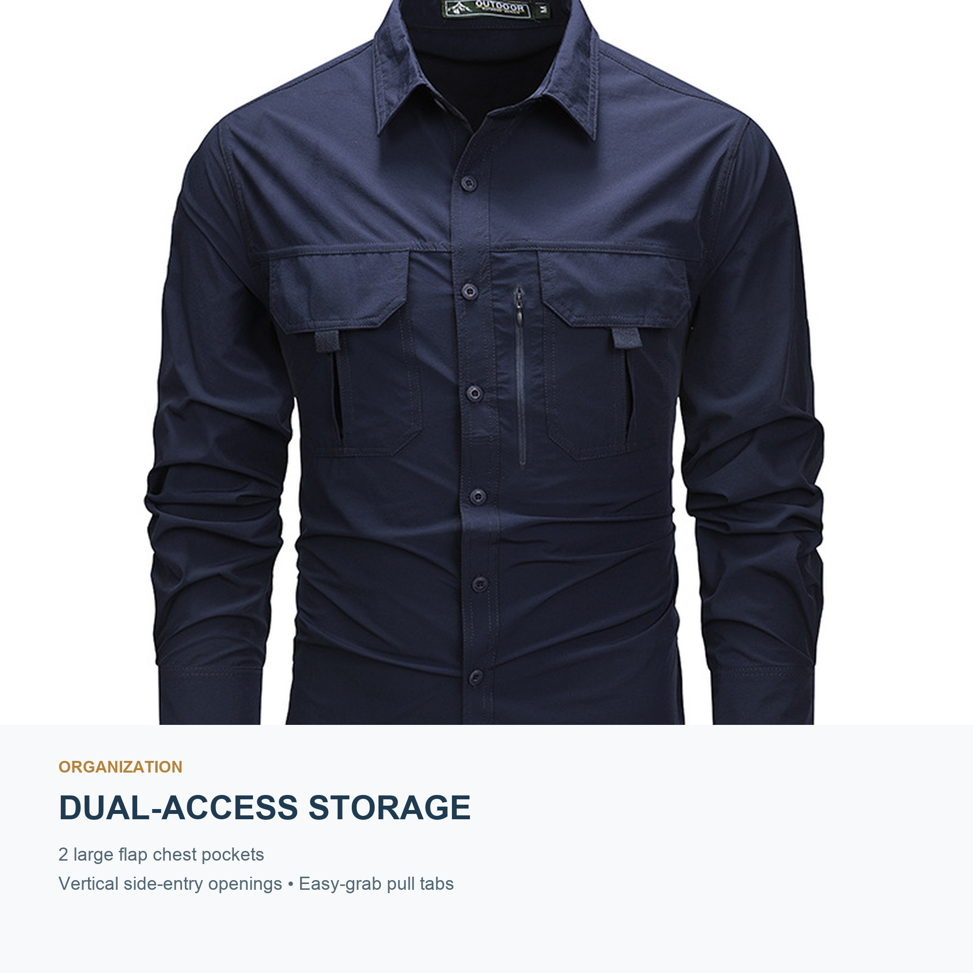 FREDD MARSHALL Men's Long Sleeve Utility Work Shirt with Zip Pocket - Dark Blue - 05 dual access pockets
