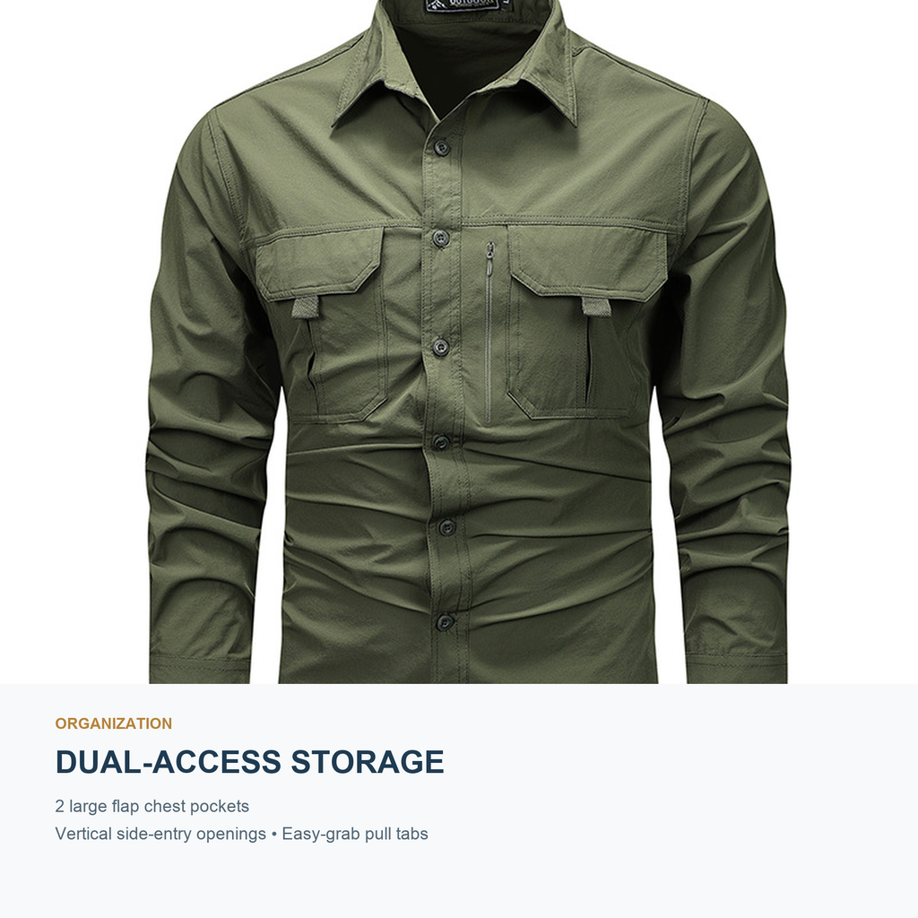 FREDD MARSHALL Men's Long Sleeve Utility Work Shirt with Zip Pocket - Army Green - 05 dual access pockets