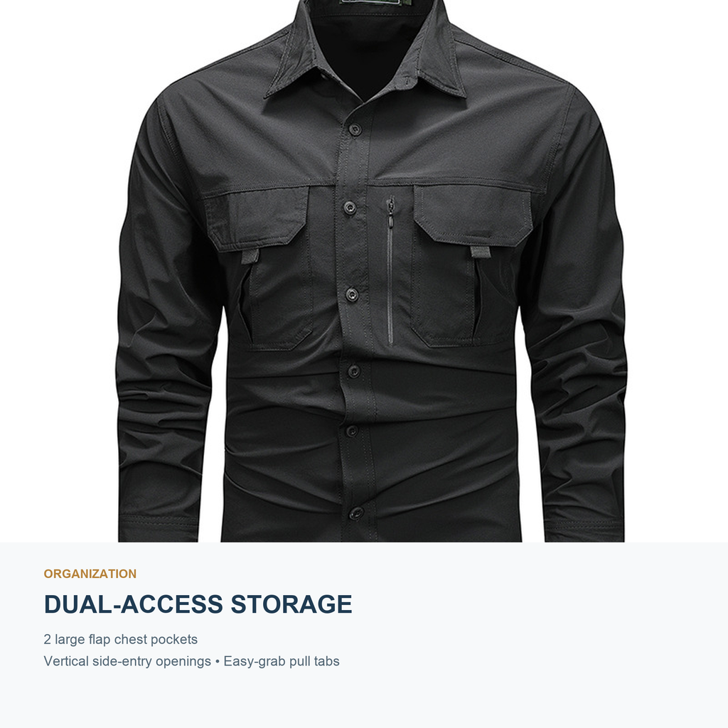FREDD MARSHALL Men's Long Sleeve Utility Work Shirt with Zip Pocket - Black - 05 dual access pockets
