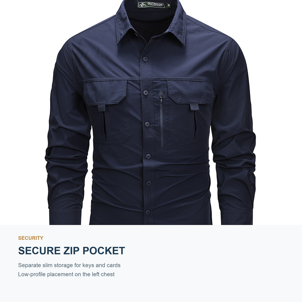 FREDD MARSHALL Men's Long Sleeve Utility Work Shirt with Zip Pocket - Dark Blue - 06 secure zip pocket