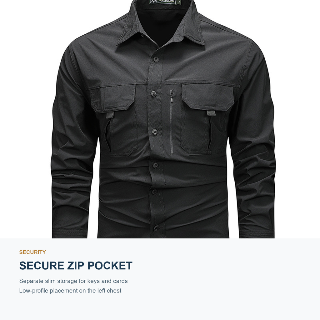 FREDD MARSHALL Men's Long Sleeve Utility Work Shirt with Zip Pocket - Black - 06 secure zip pocket