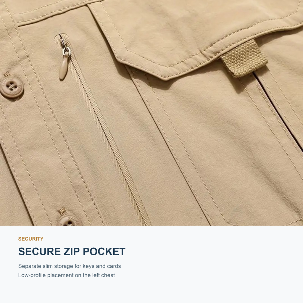 FREDD MARSHALL Men's Long Sleeve Utility Work Shirt with Zip Pocket - Khaki - 06 secure zip pocket