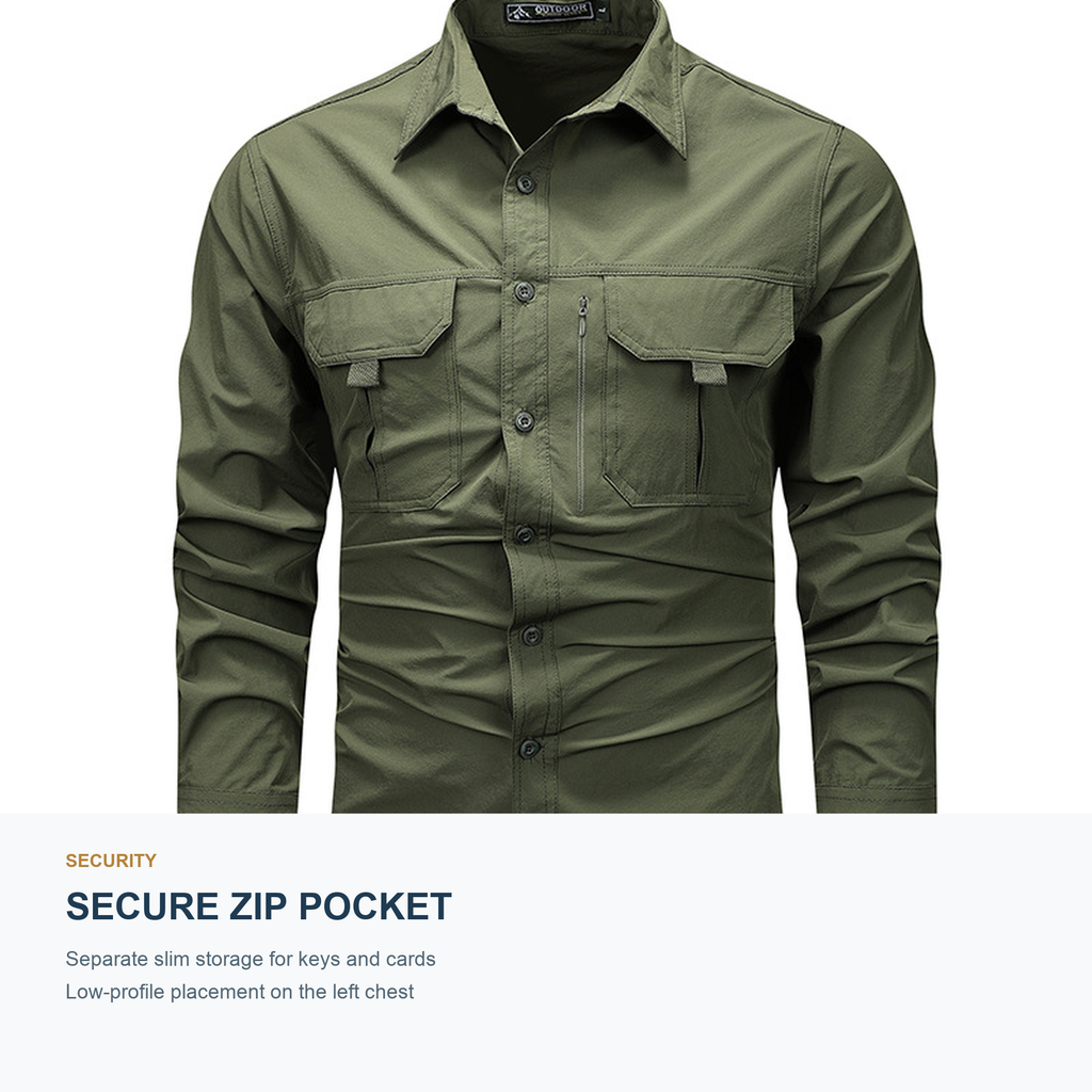 FREDD MARSHALL Men's Long Sleeve Utility Work Shirt with Zip Pocket - Army Green - 06 secure zip pocket