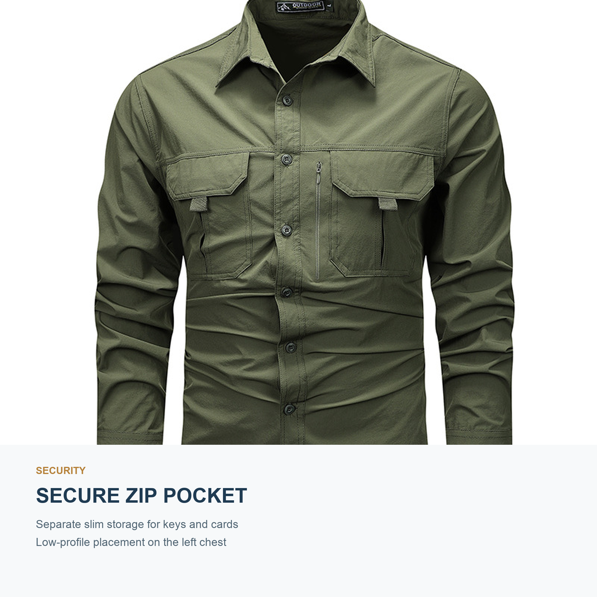 FREDD MARSHALL Men's Long Sleeve Utility Work Shirt with Zip Pocket - Army Green - 06 secure zip pocket
