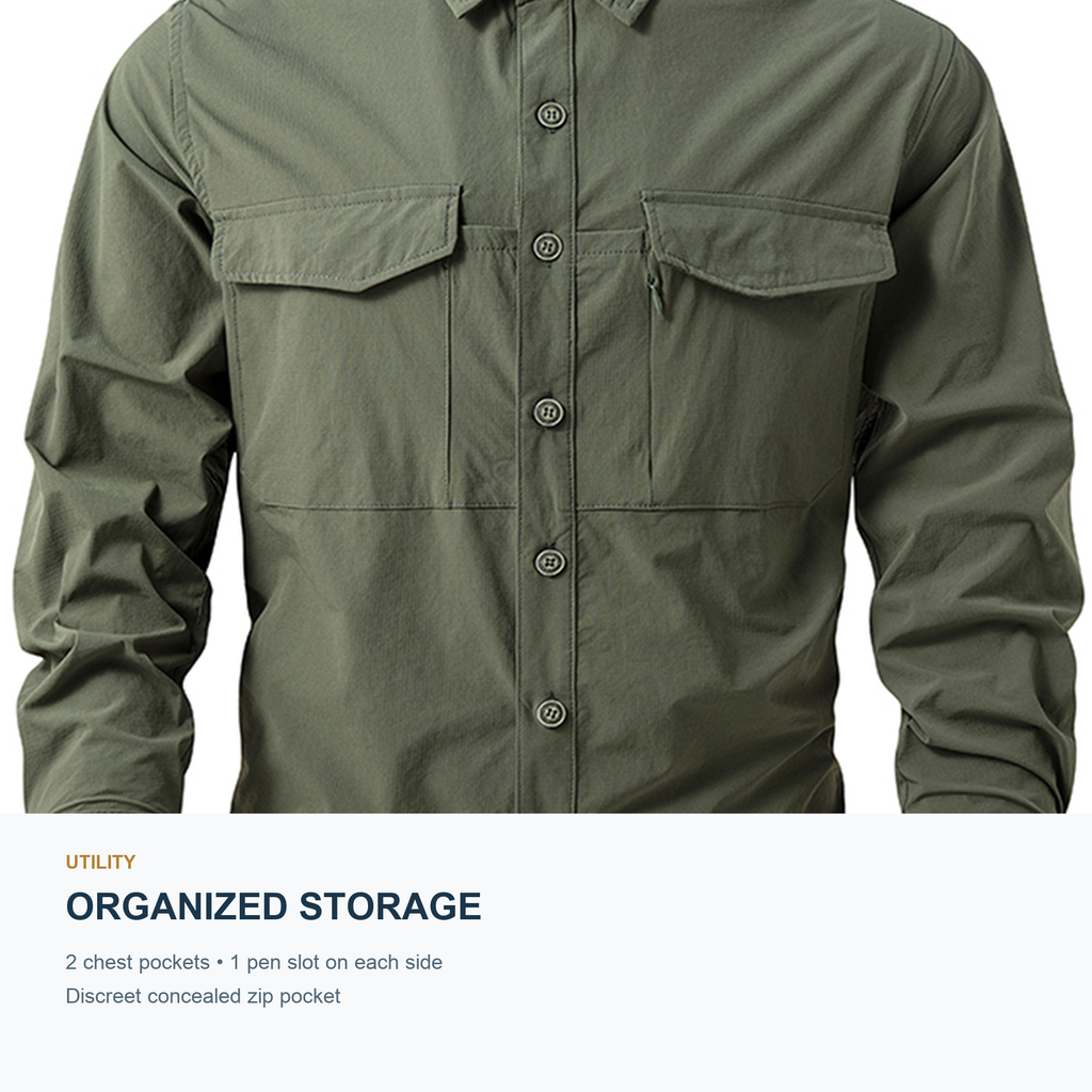 FREDD MARSHALL Men's Quick Dry Stretch Outdoor Work Shirt - Army Green - 06 storage feature