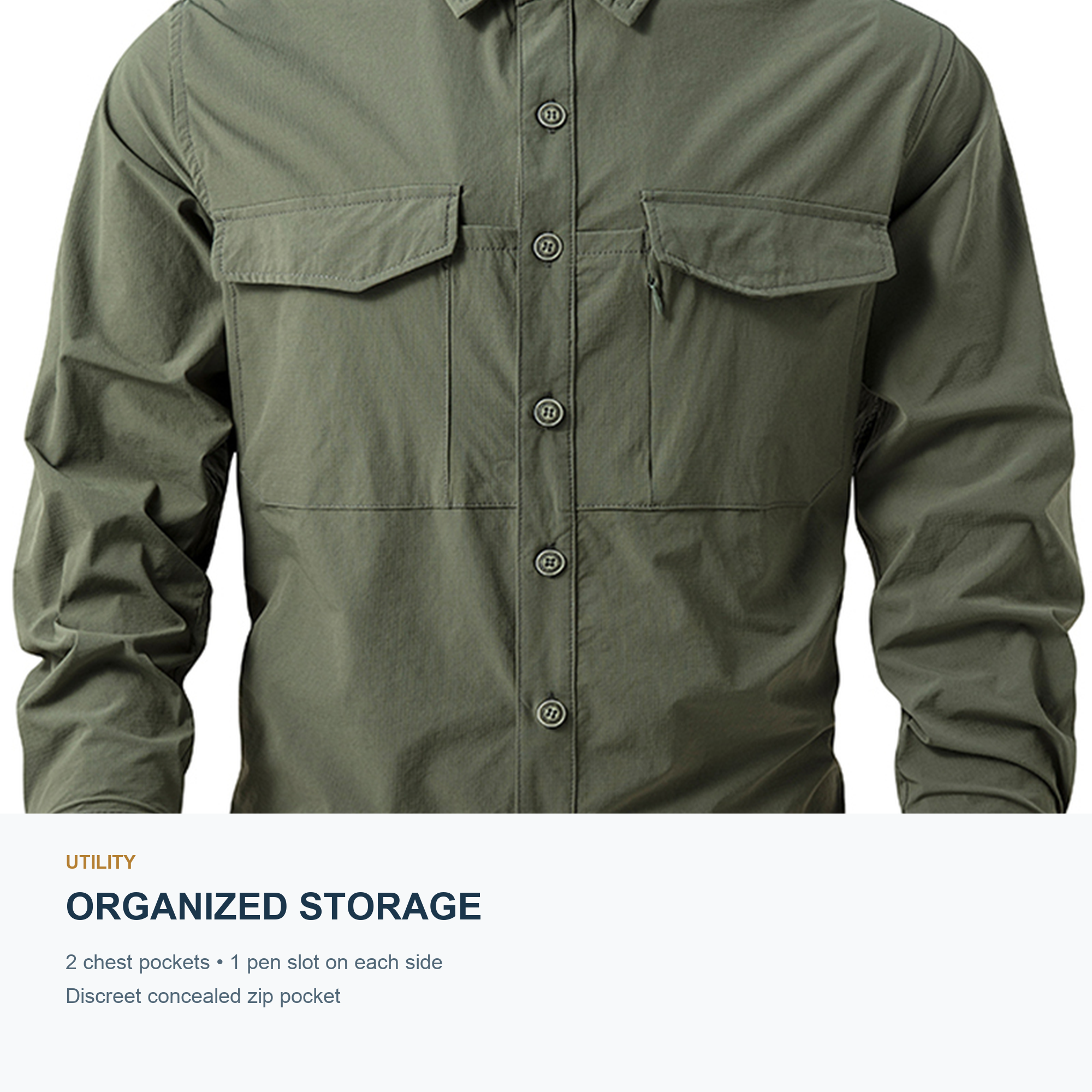 FREDD MARSHALL Men's Quick Dry Stretch Outdoor Work Shirt - Army Green - 06 storage feature