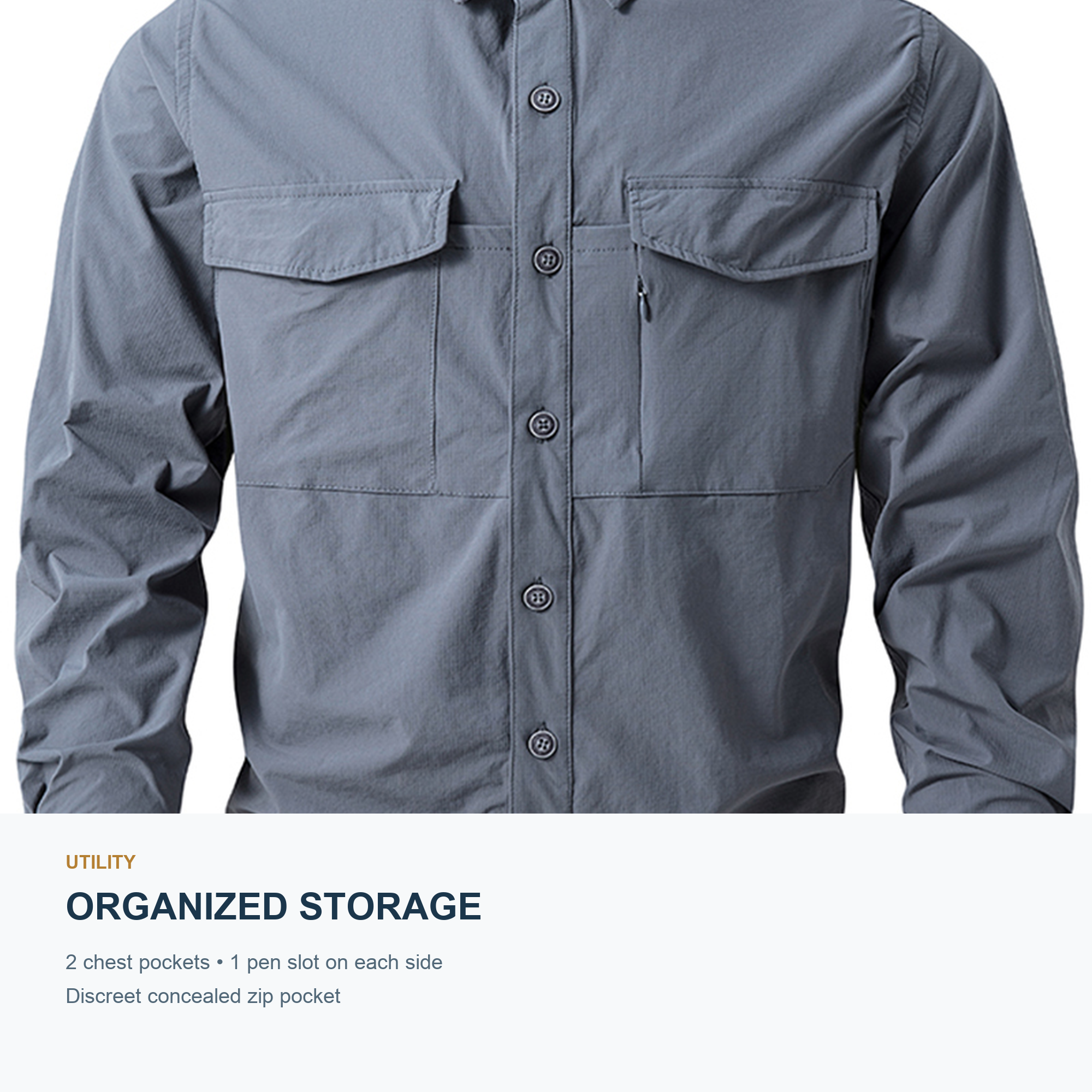 FREDD MARSHALL Men's Quick Dry Stretch Outdoor Work Shirt - Slate Gray - 06 storage feature