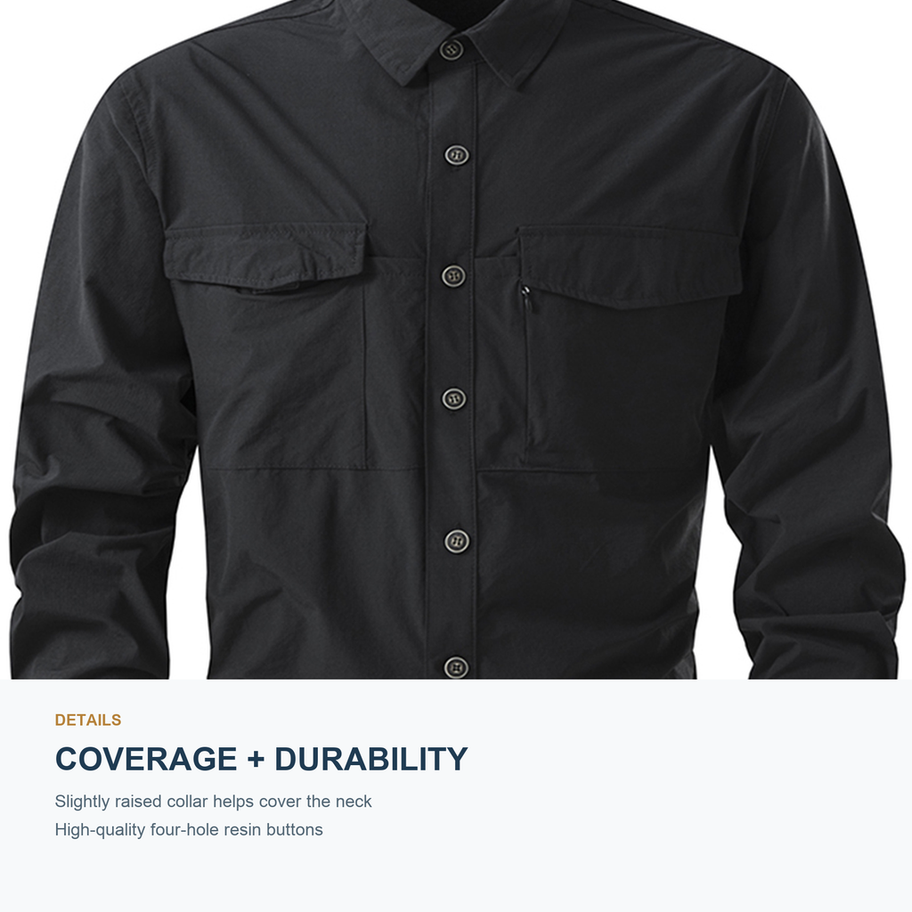 FREDD MARSHALL Men's Quick Dry Stretch Outdoor Work Shirt - Black - 07 collar buttons feature