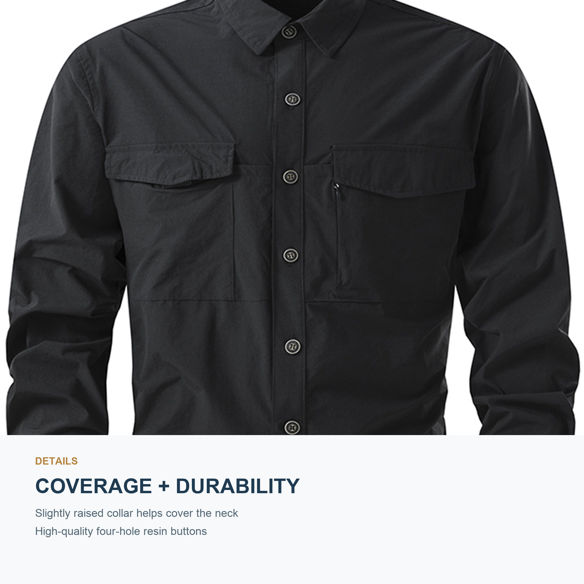 FREDD MARSHALL Men's Quick Dry Stretch Outdoor Work Shirt - Black - 07 collar buttons feature