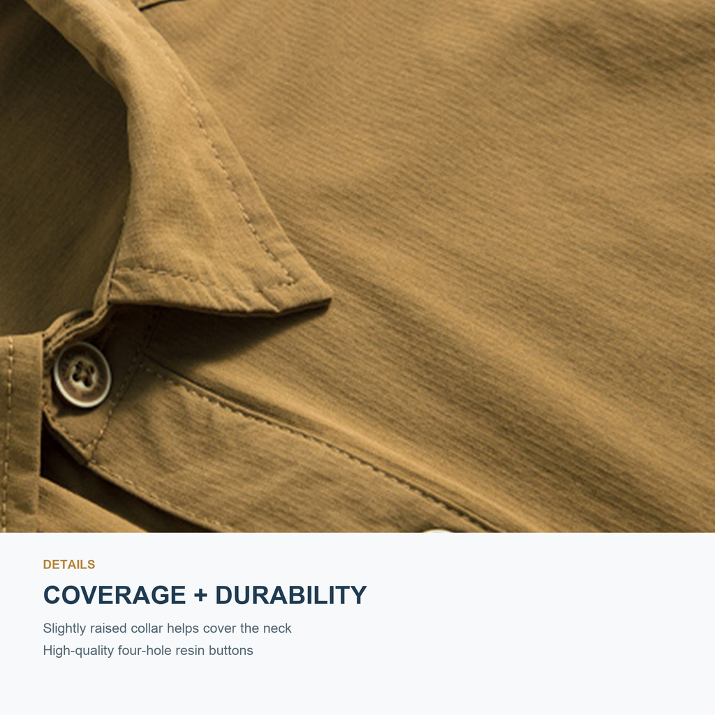 FREDD MARSHALL Men's Quick Dry Stretch Outdoor Work Shirt - Khaki - 07 collar buttons feature