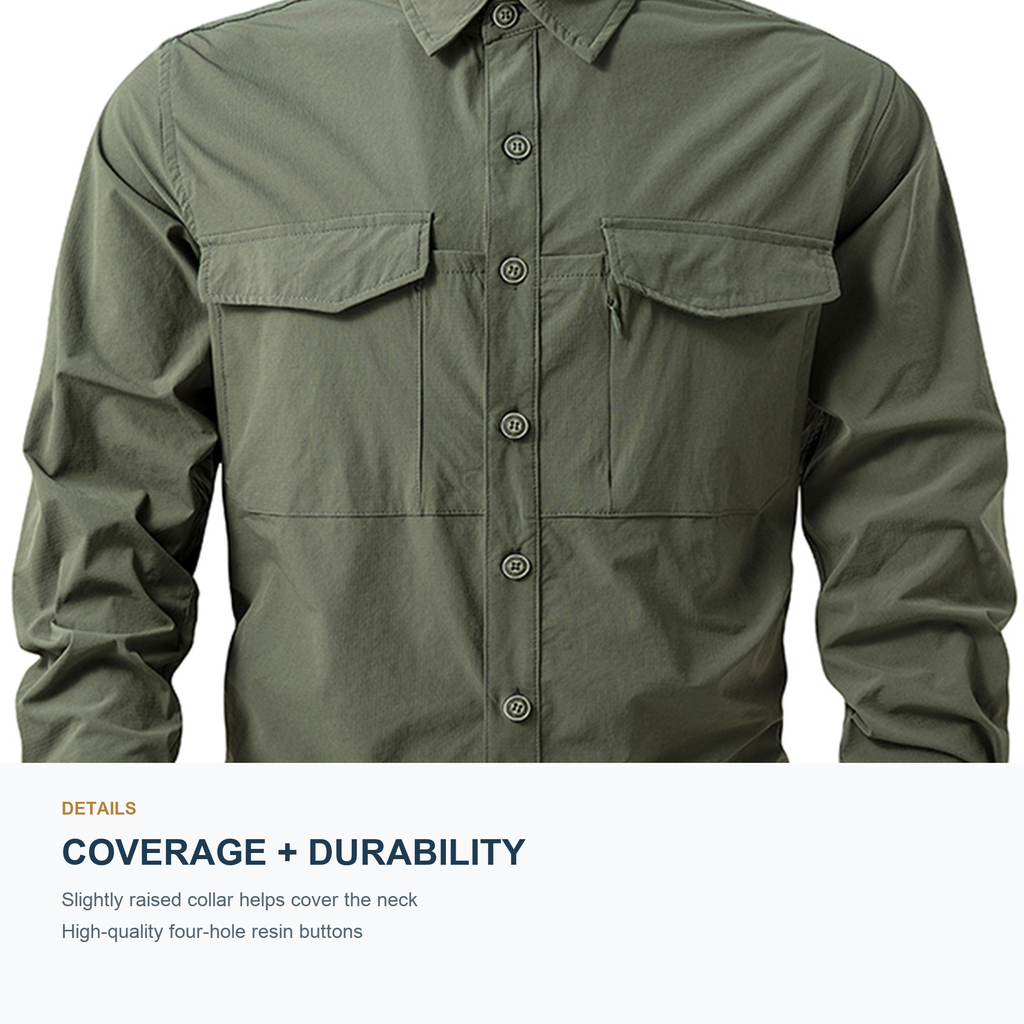 FREDD MARSHALL Men's Quick Dry Stretch Outdoor Work Shirt - Army Green - 07 collar buttons feature