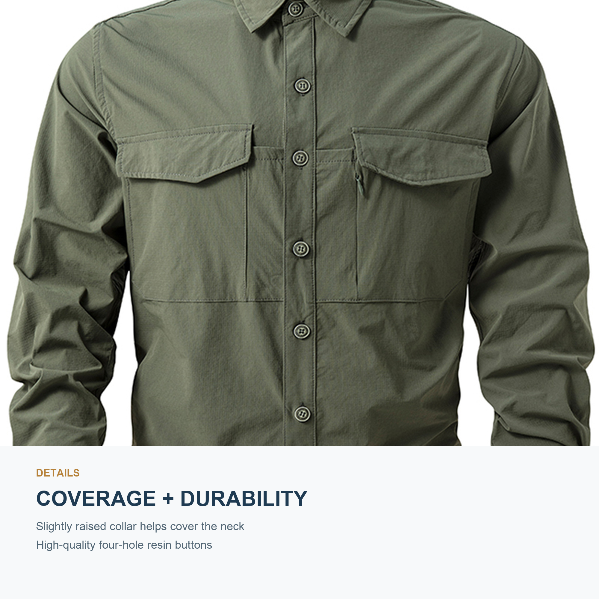 FREDD MARSHALL Men's Quick Dry Stretch Outdoor Work Shirt - Army Green - 07 collar buttons feature
