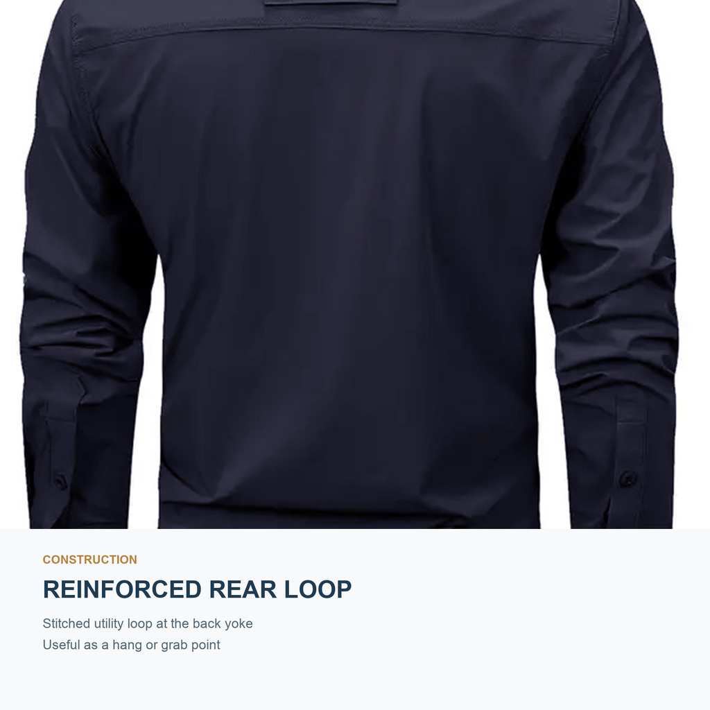 FREDD MARSHALL Men's Long Sleeve Utility Work Shirt with Zip Pocket - Dark Blue - 07 move ready details