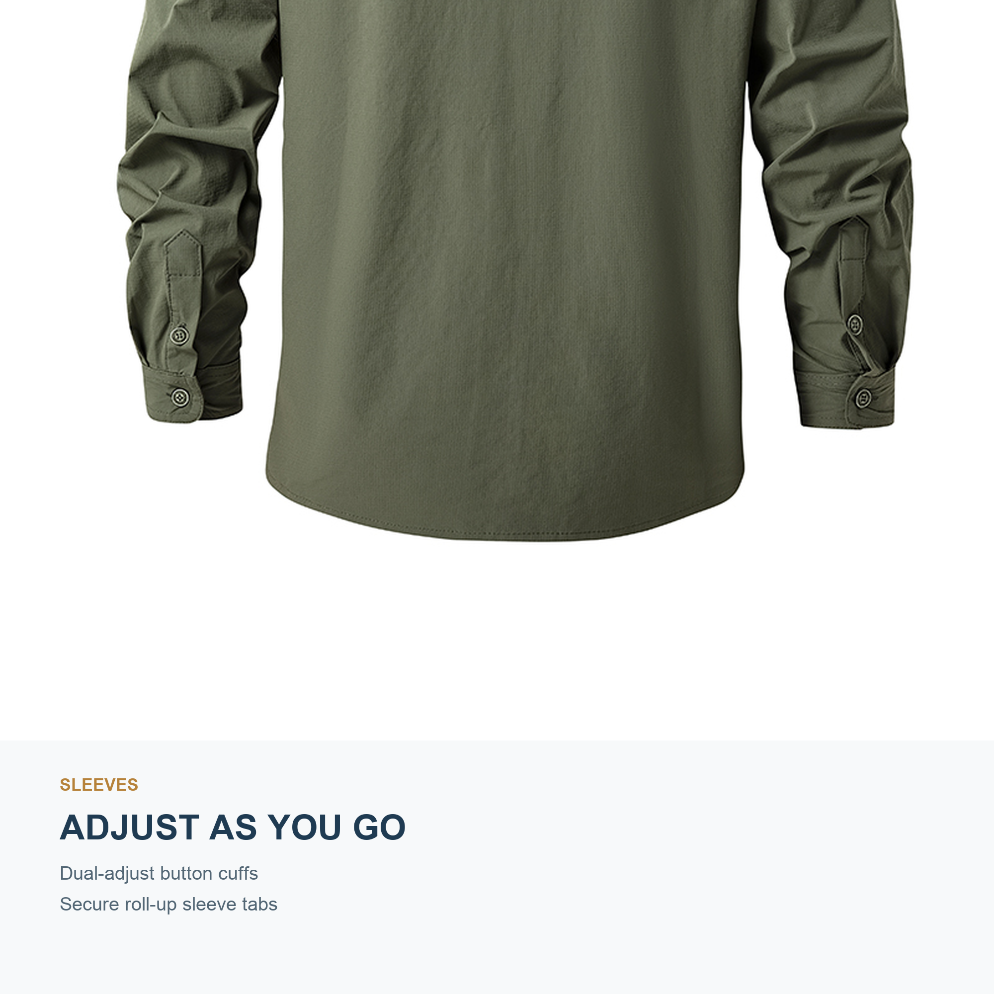 FREDD MARSHALL Men's Quick Dry Stretch Outdoor Work Shirt - Army Green - 08 cuffs rollup feature