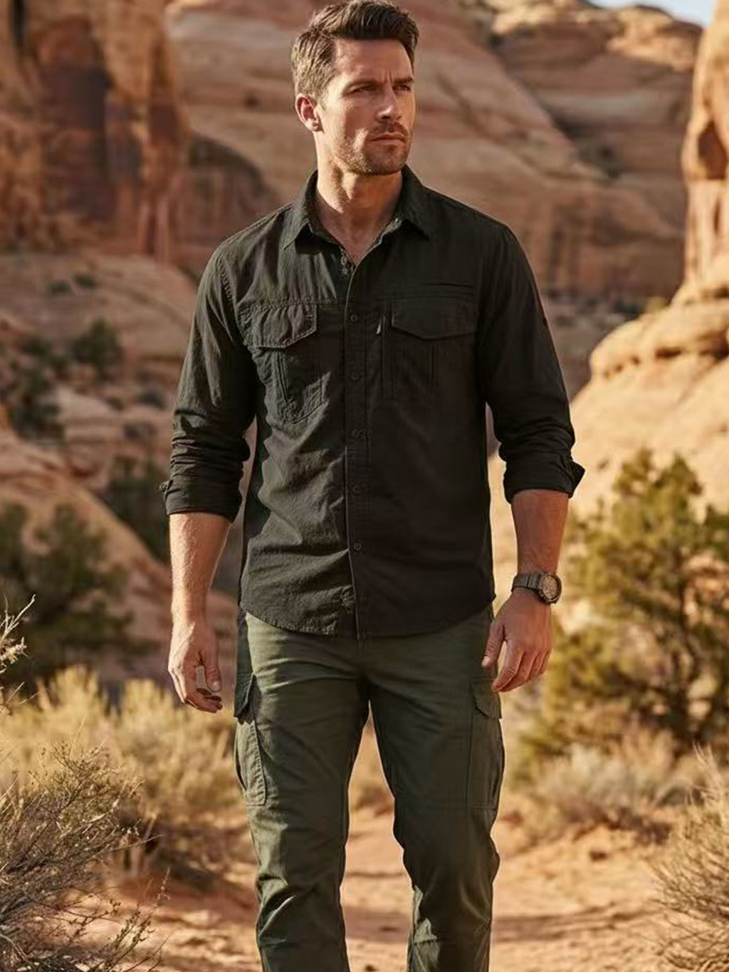Man in high-performance outdoor apparel, hiking in rocky desert landscape, FREDD MARSHALL